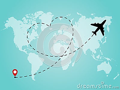 World map with airplane line path in heart form. Romantic and love travel concept Vector Illustration